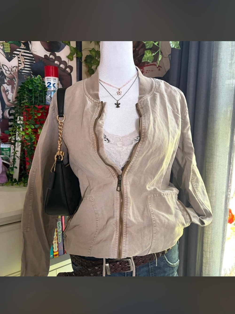 Michael Stars Beige Zip-Front Bomber Jacket